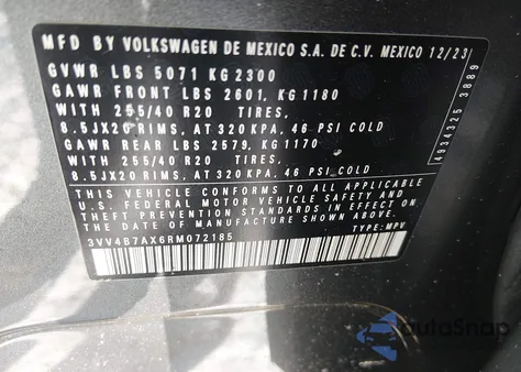 2024 Volkswagen Tiguan 2.0T Sel R-Line из США, поврежденный, VIN 3VV4B7AX6RM072185